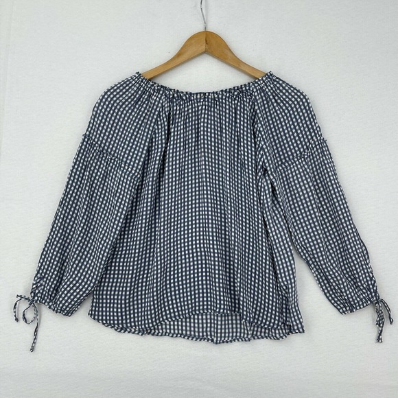 Flynn Skye Bobby Top Women XS Blue Plaid Off The Shoulder Crepe Blouse Shirt - Picture 3 of 11